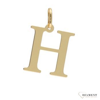 Modna złota zawieszka wykonana została z 14-karatowego żółtego złota. Zawieszka w kształcie litery H. Idealny pomysł na prezent dla kobiety..jpg